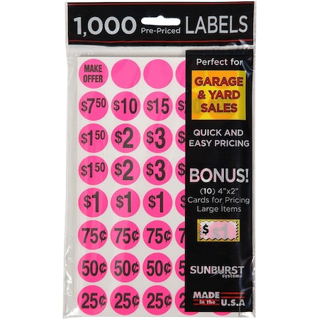 Sunburst Systems Labels Pink Pre-Priced 1000 Count, PK1000 7035
